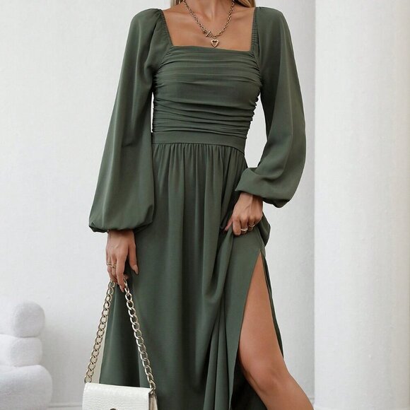 Green Elegant Women's Casual Square Neck Pleated Lantern Sleeve Dress - Picture 1 of 7
